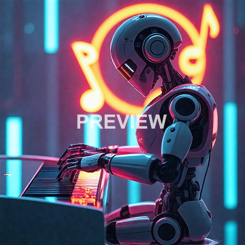 A sleek, humanoid robot with a shiny metallic exterior is playing a keyboard in a vibrant, neon-lit setting with musical note symbols in the background.